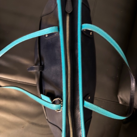 Coach Navy Leather Tote Bag Bright Blue Trim Shoulder Bag - Picture 10 of 10